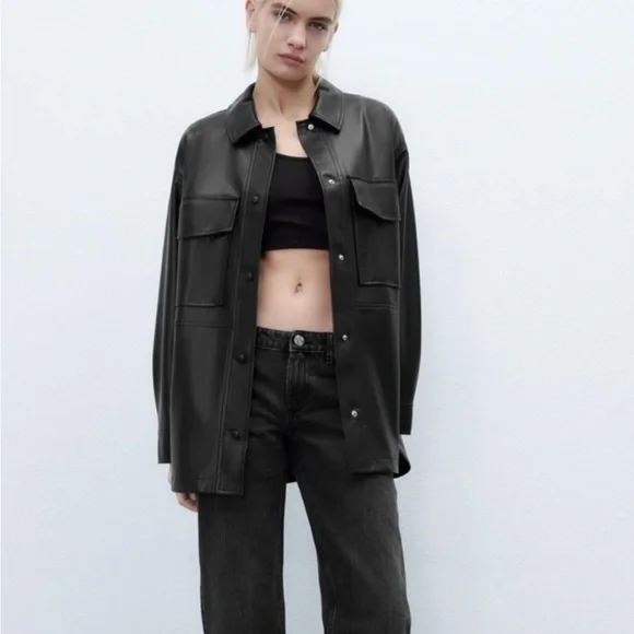 Zara Black Faux Leather Oversized Shacket - Picture 1 of 3